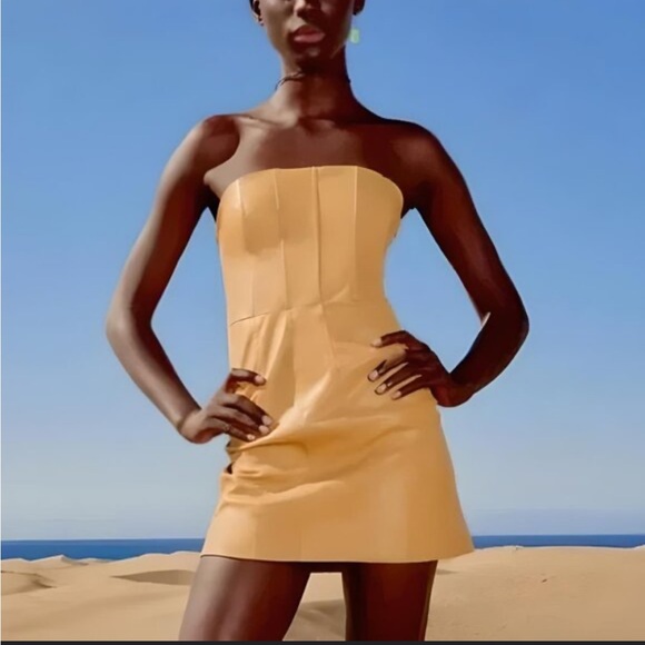 Zara Limited edition Strapless faux leather corset Tan mini Dress - Picture 4 of 6